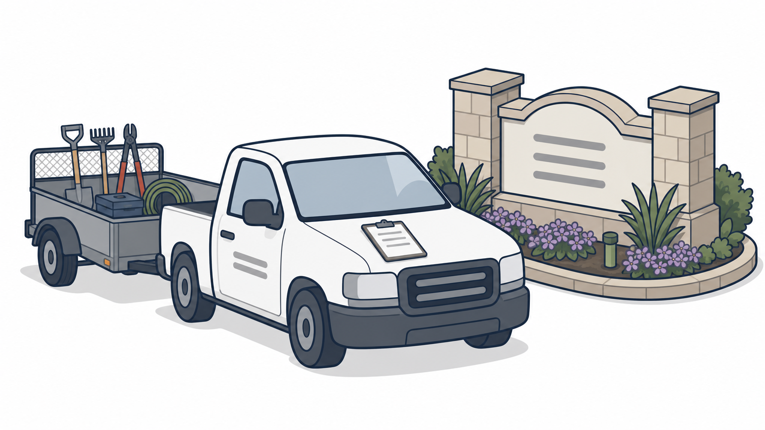 A small landscaping truck and trailer parked beside an HOA entrance sign with a clipboard on the hood.