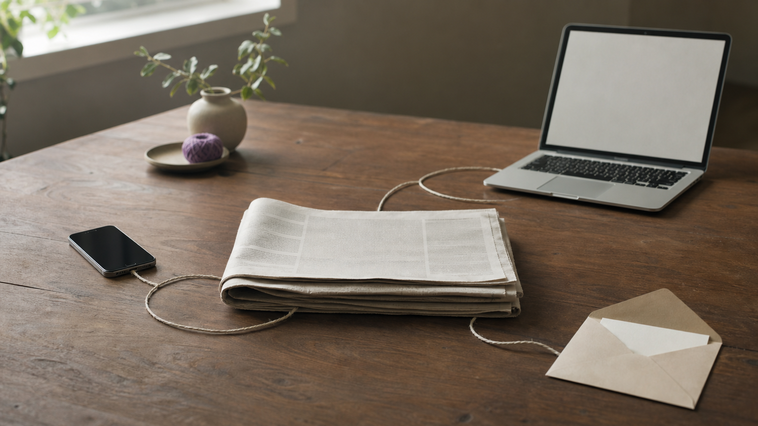 Newspaper surrounded by a phone, laptop, and envelope linked by string.