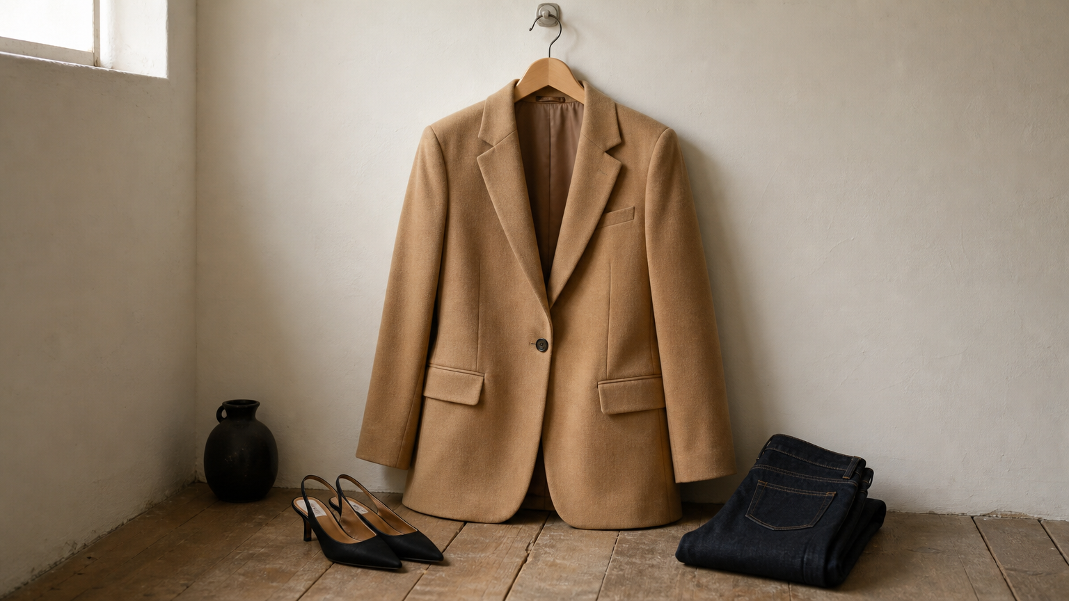 Camel blazer on a hanger beside folded dark jeans and black pointed pumps.