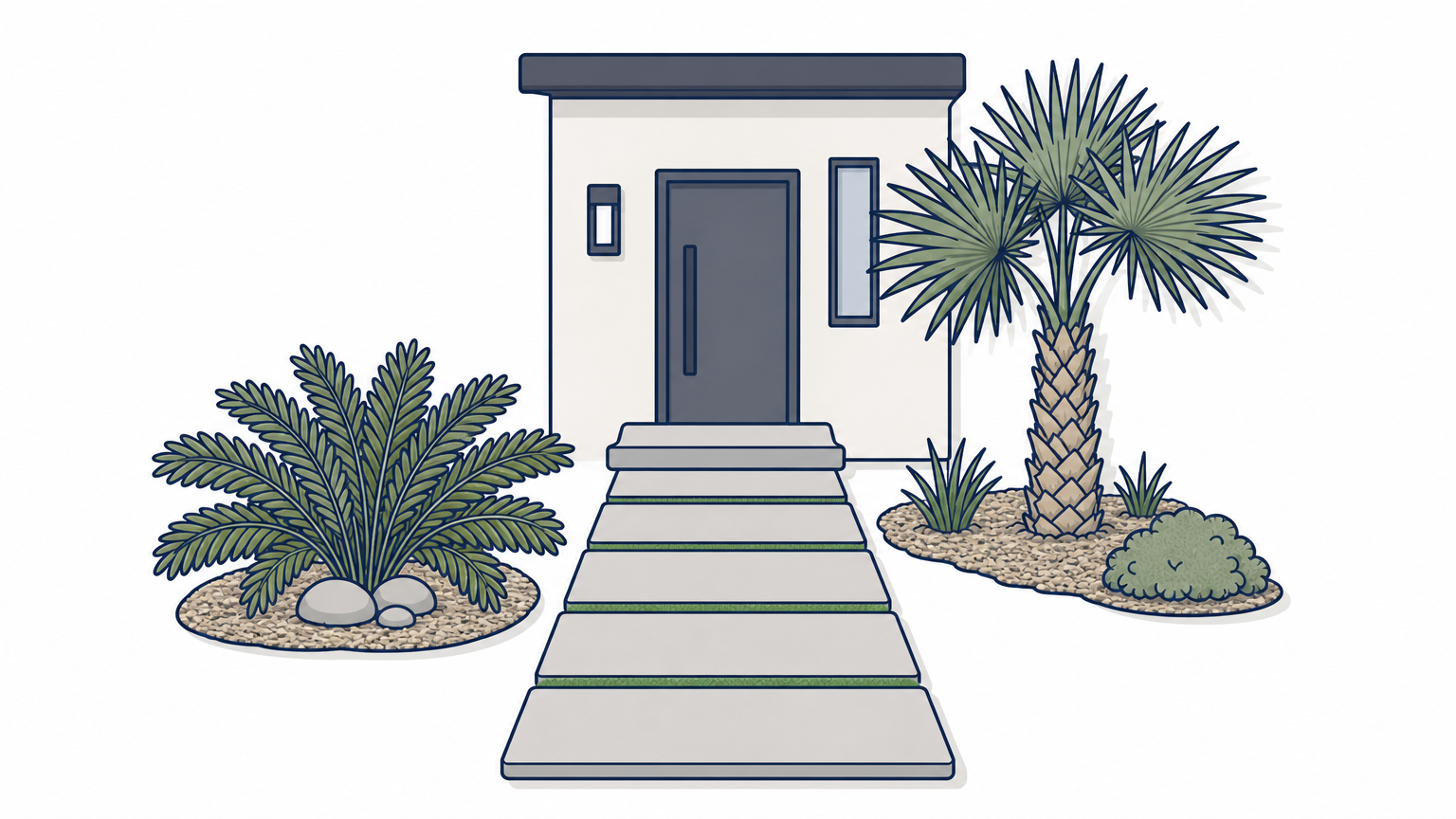 Large concrete pavers set in a straight line with grass between them leading to a modern front entry.