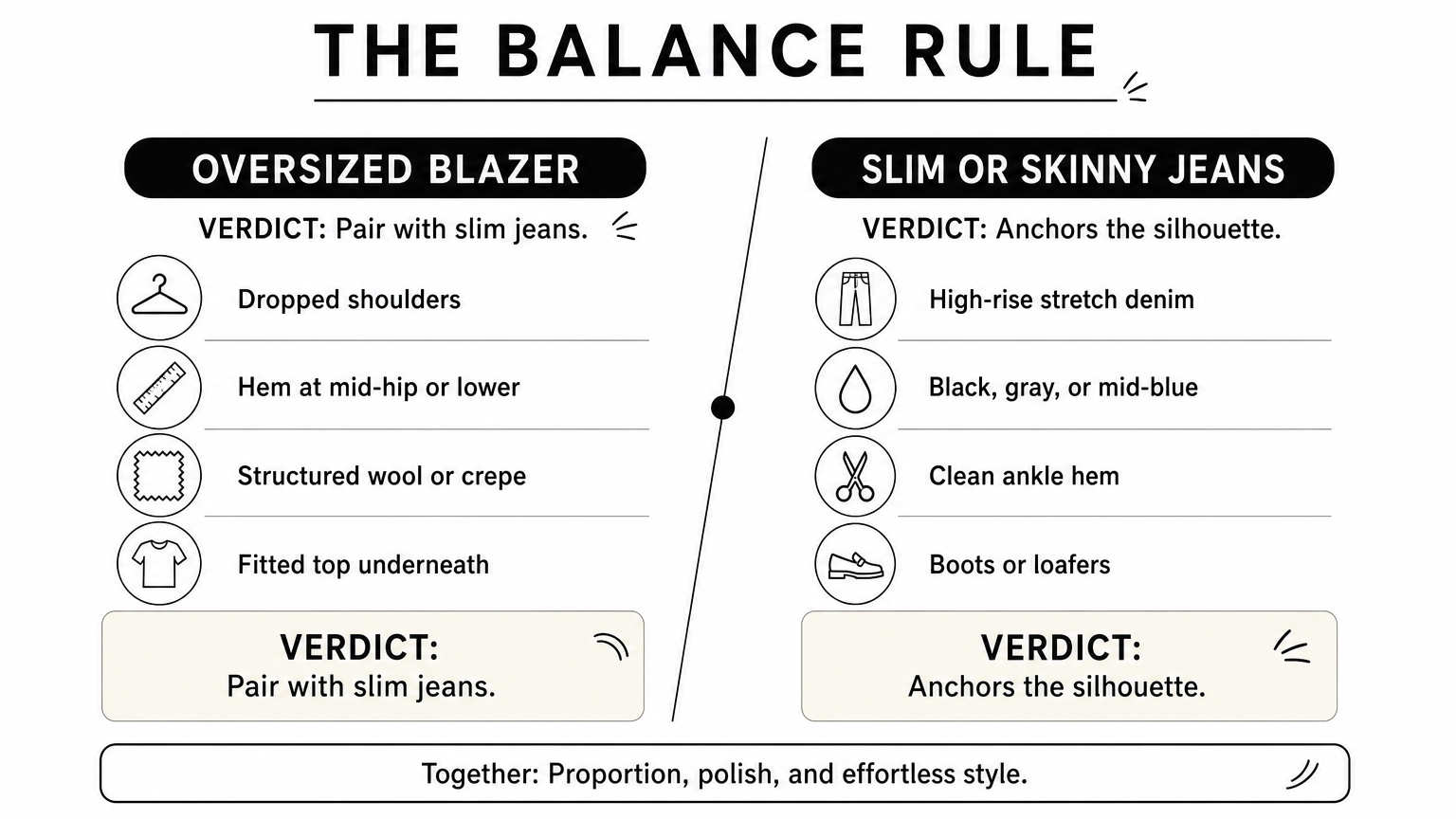 Comparison graphic of an oversized blazer and slim jeans with four points each.