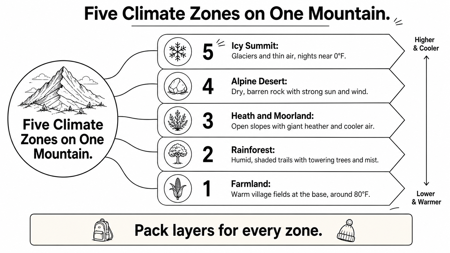 Ladder infographic showing five climate zones from farmland at the base to the icy summit.