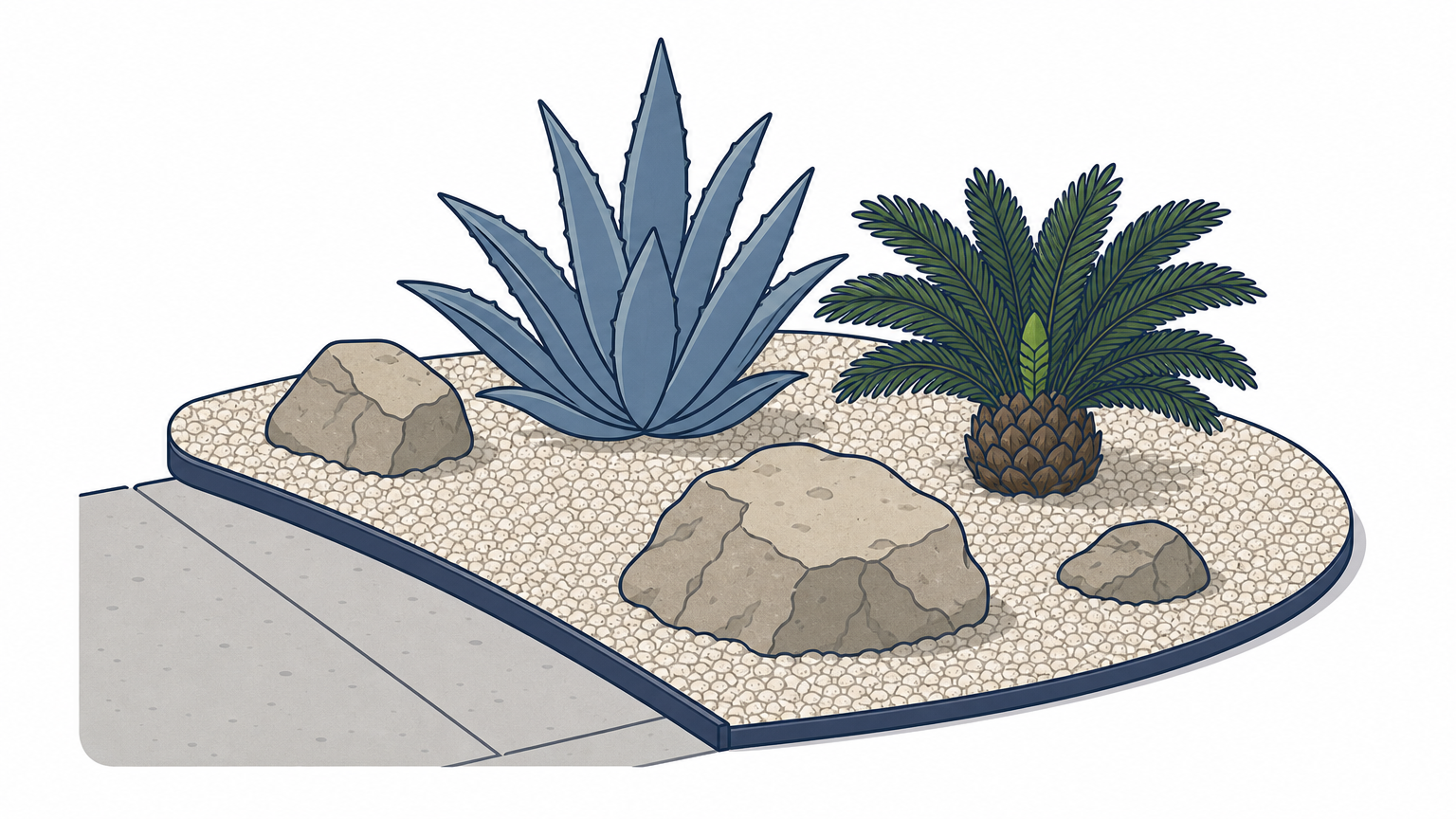 A gravel front yard with three boulders, a blue agave, and a sago cycad beside a driveway.