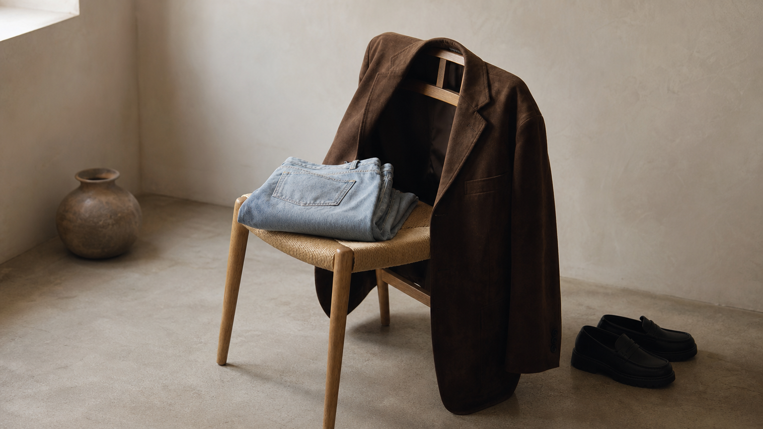 Brown suede blazer over a chair with baggy jeans and chunky loafers nearby.
