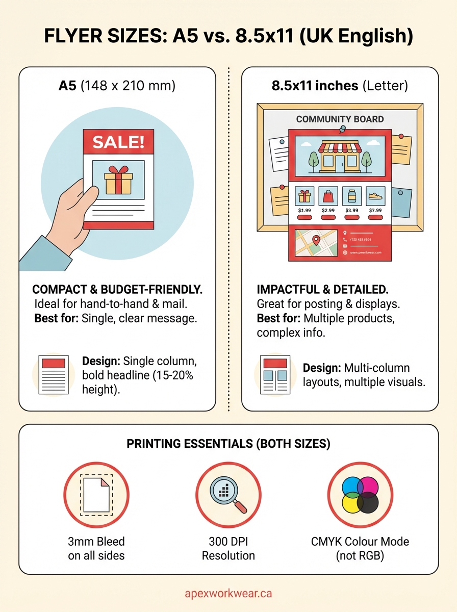 flyer sizes (a5 vs 8.5x11) infographic