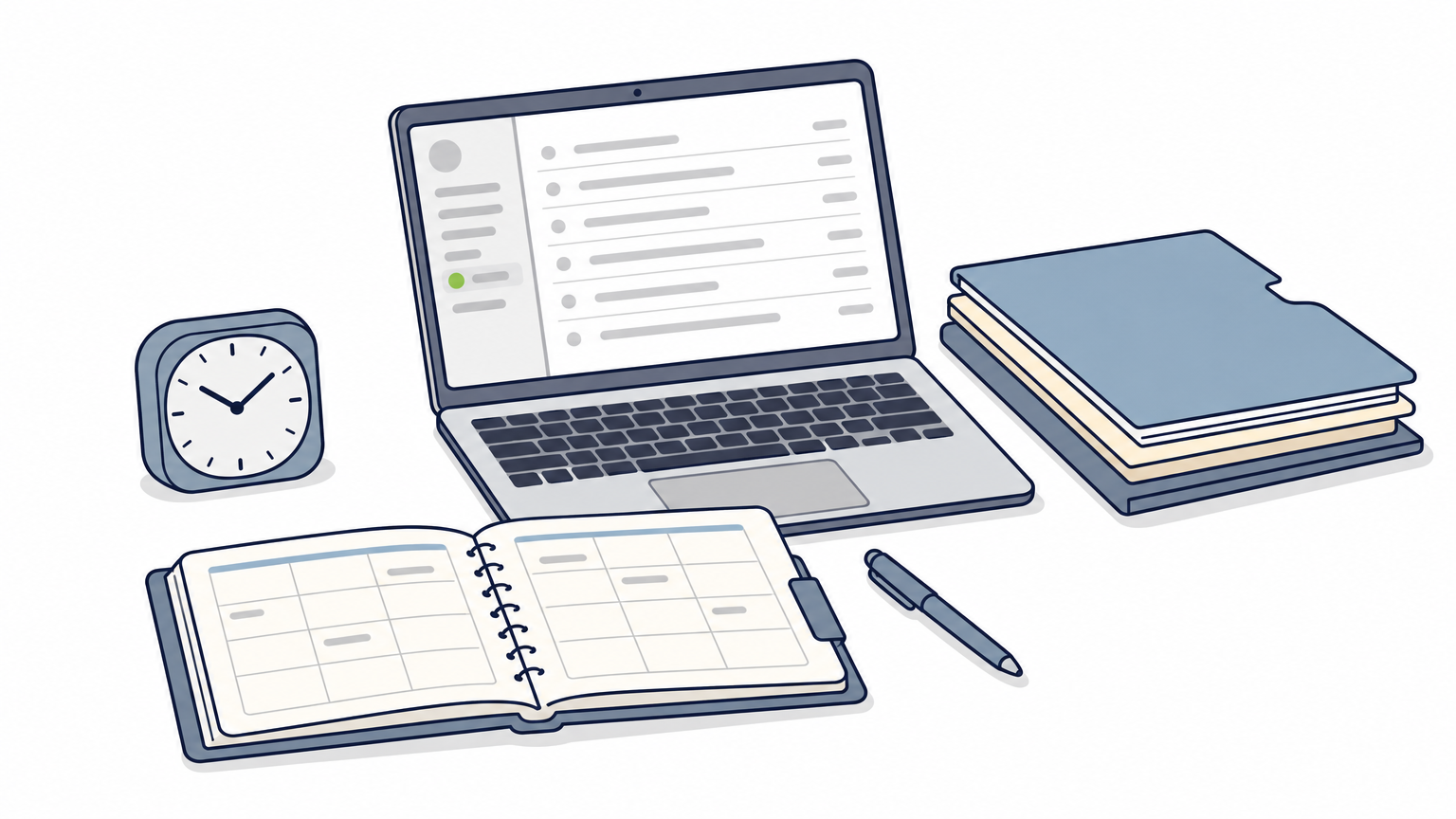 A desk with an open planner, laptop, folders, clock and pen.