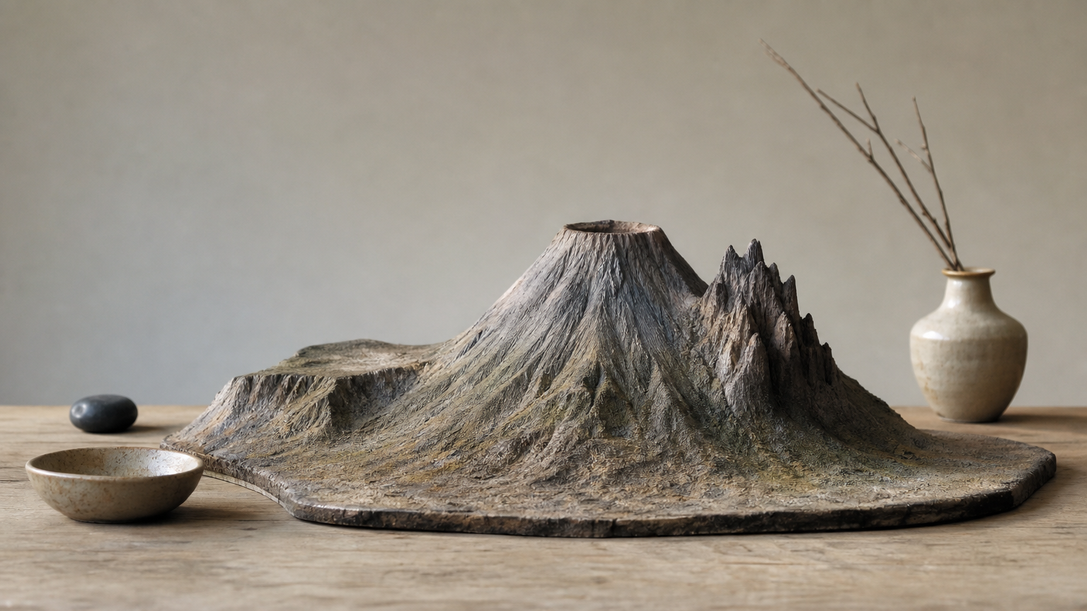 A solitary mountain with a central cone, a jagged eastern peak, and a lower plateau on its western side.