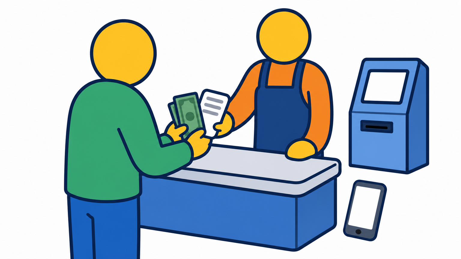 A shopper pays cash at a store counter holding a printed payment slip, near an ATM.