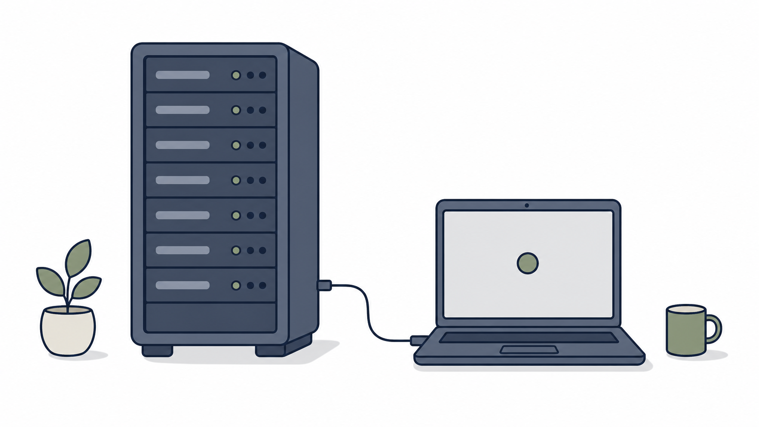 A server rack connected by a cable to a laptop showing one small interactive button.