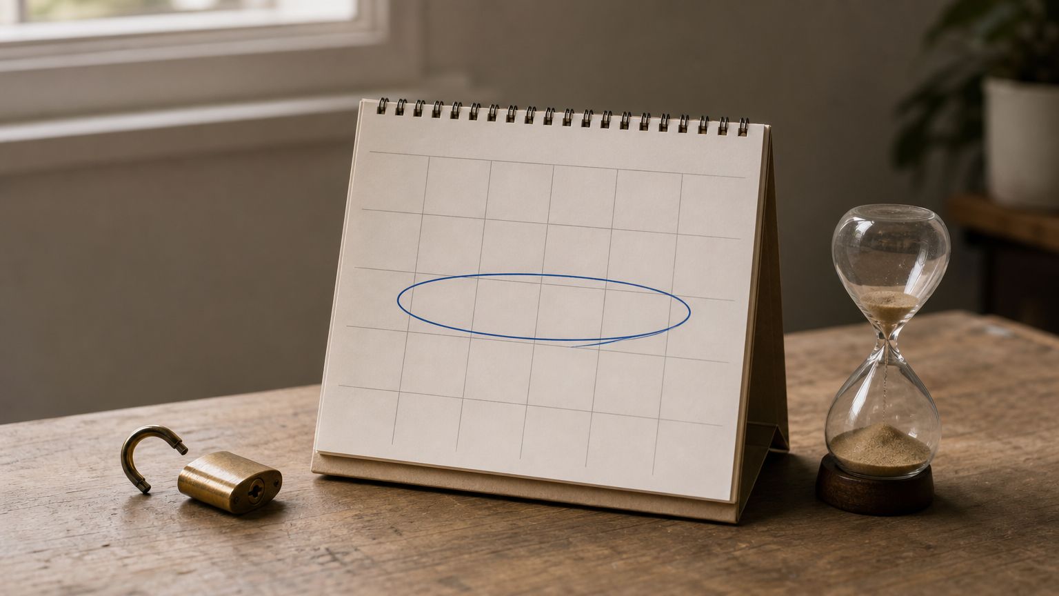 A wall calendar with one week circled, a half-open padlock and a nearly empty hourglass.