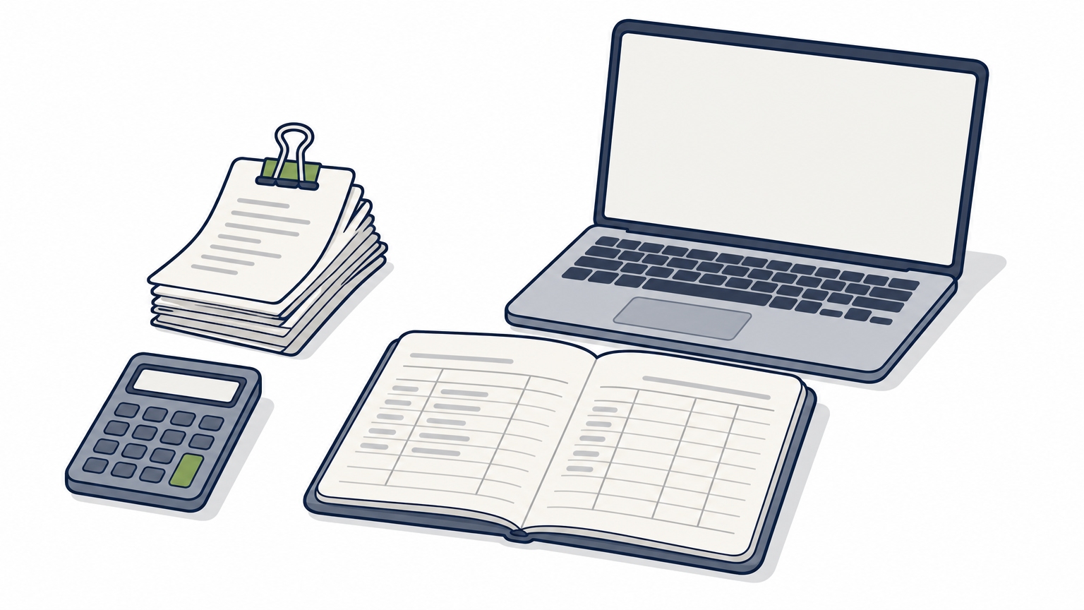 A calculator, receipts, an open ledger and a laptop on a desk.