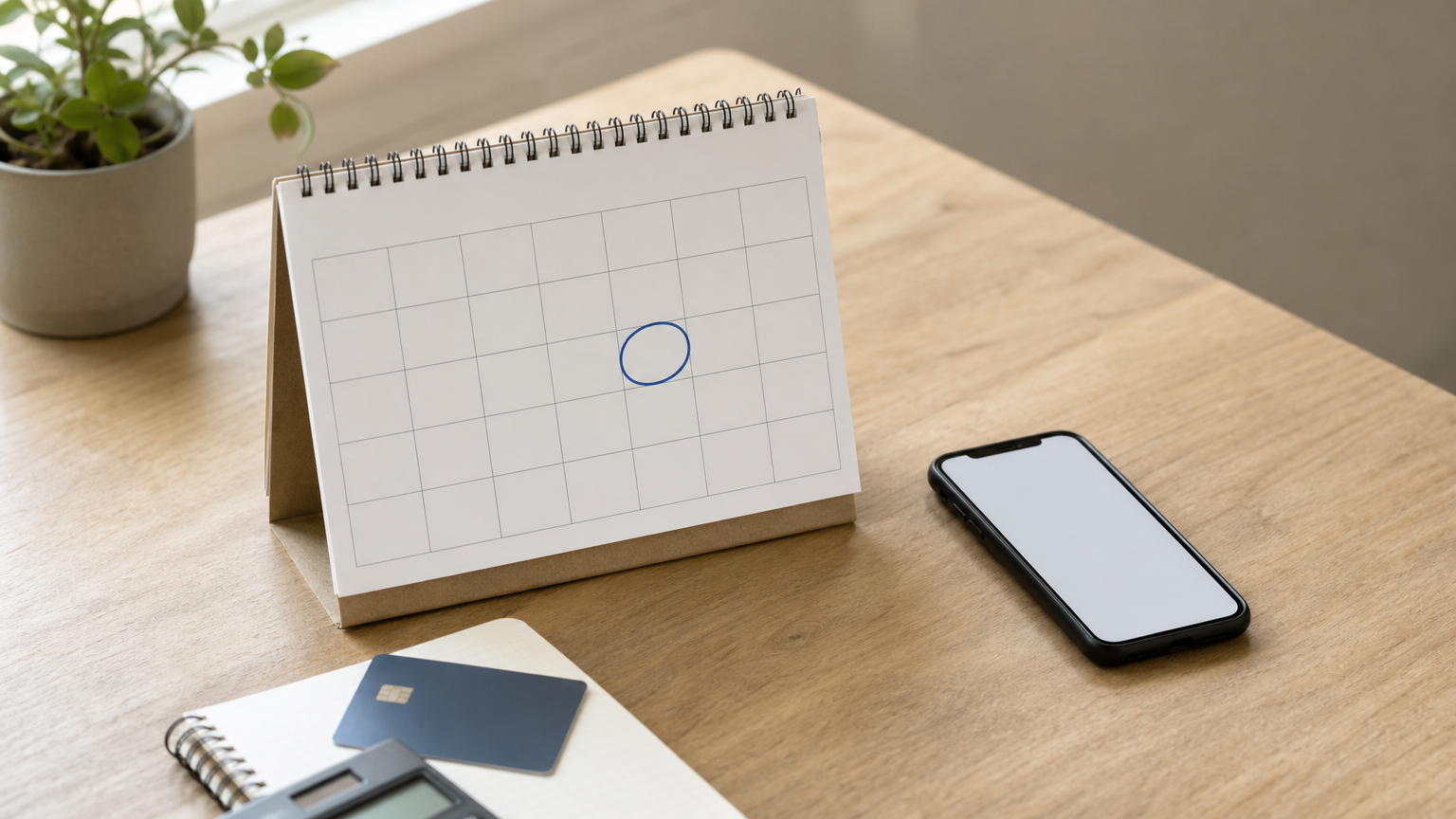 Calendar with a circled date, phone, credit card, notepad and calculator arranged on a desk.