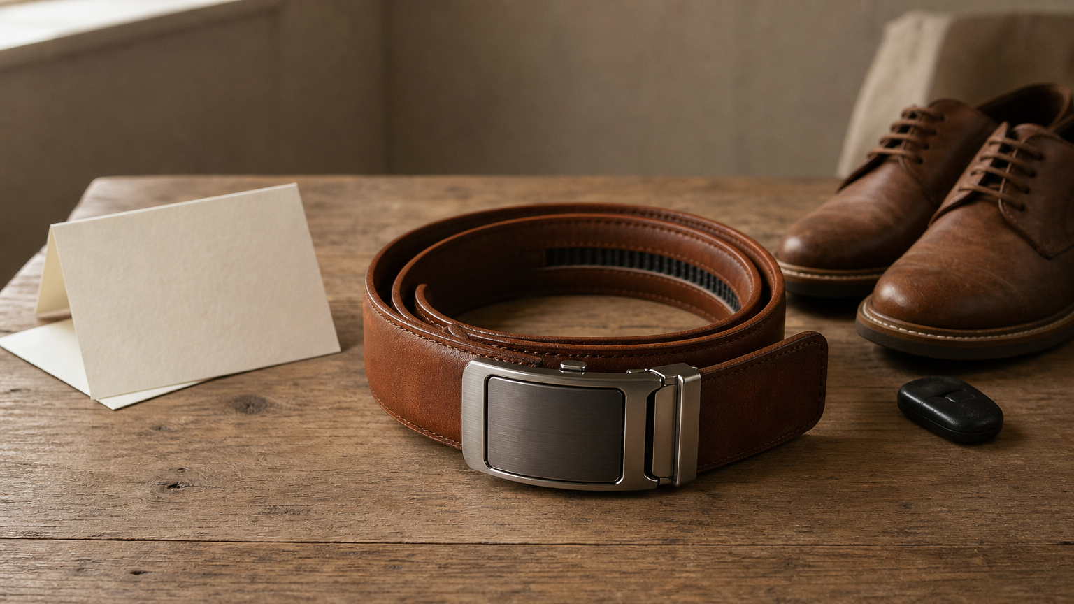 Ceinture en cuir cognac enroulée avec une carte manuscrite et des chaussures marron.