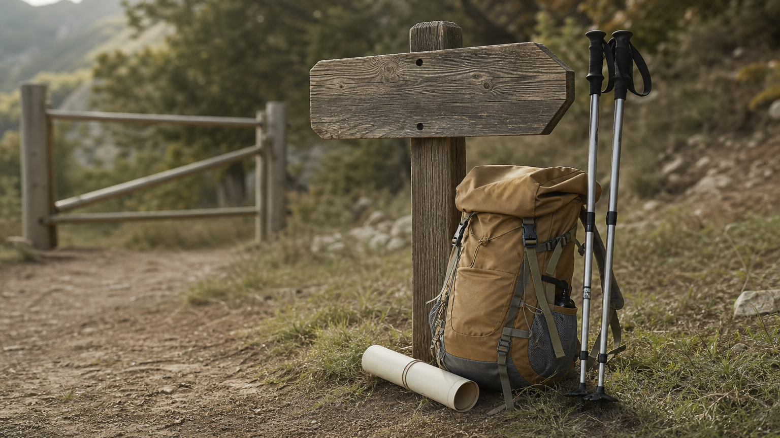 A wooden signpost at a trailhead with a backpack, trekking poles, and a rolled permit beside it.