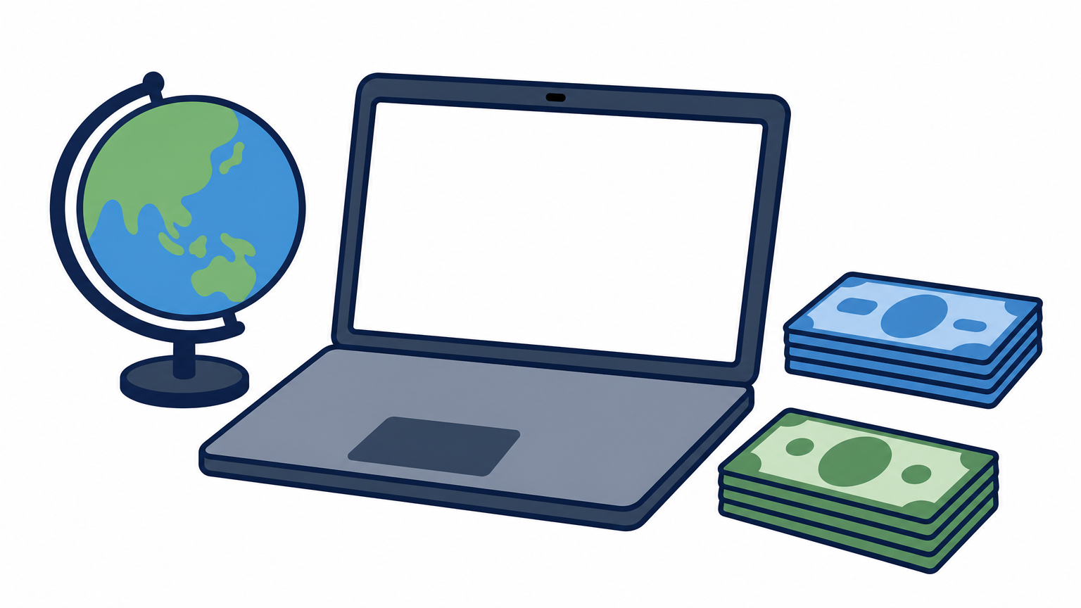 A freelancer's laptop on a desk with a globe and piles of peso and dollar bills.
