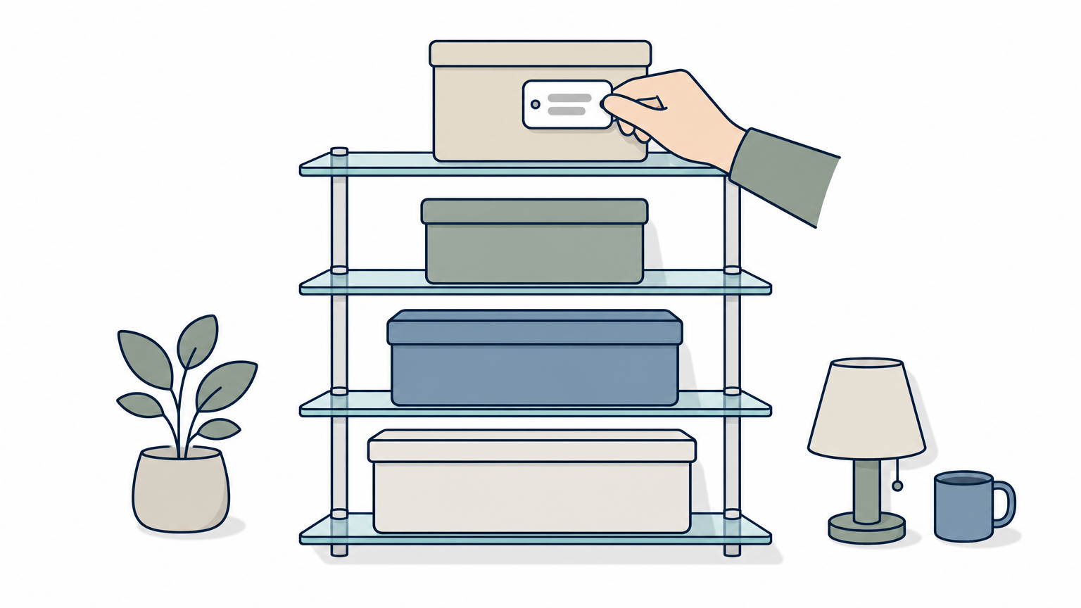 Four stacked shelves holding storage boxes while a hand attaches a tag label to the top box.