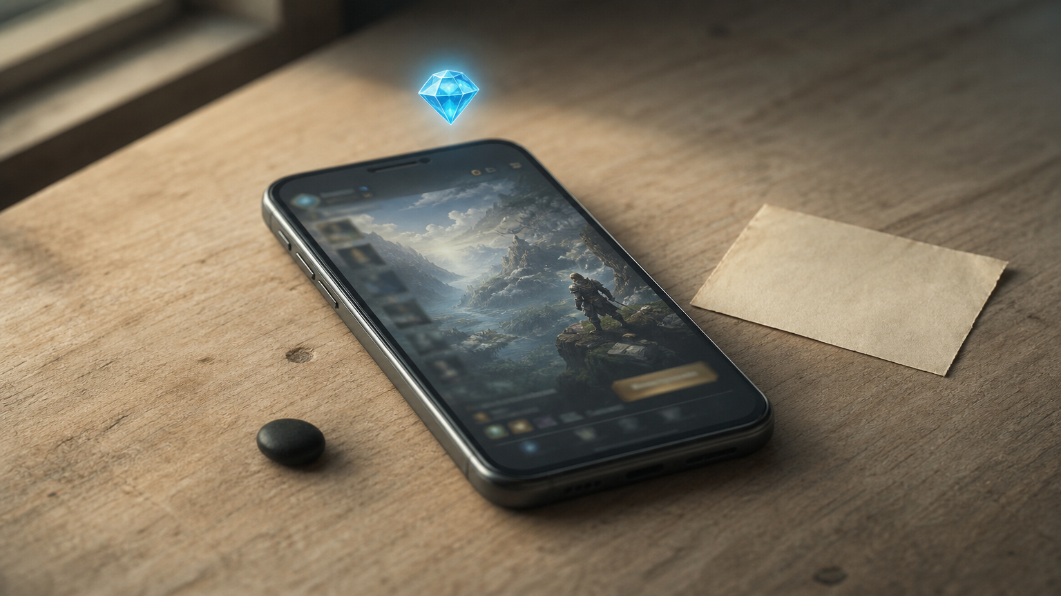 A smartphone with a floating diamond gem and a handwritten player ID note beside it.