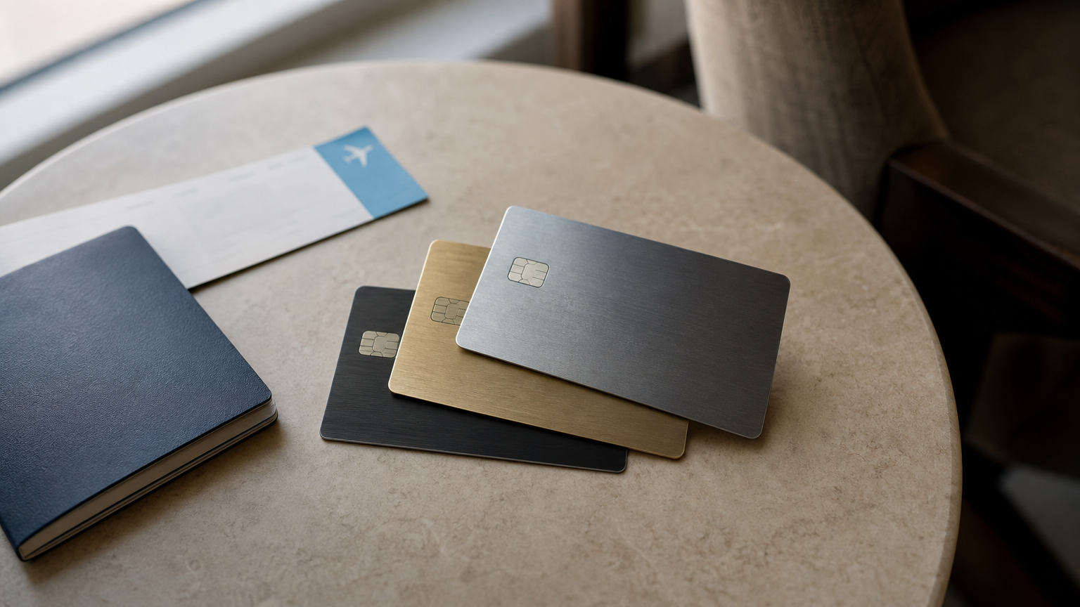 Three premium credit cards fanned on a table next to a passport and boarding pass.