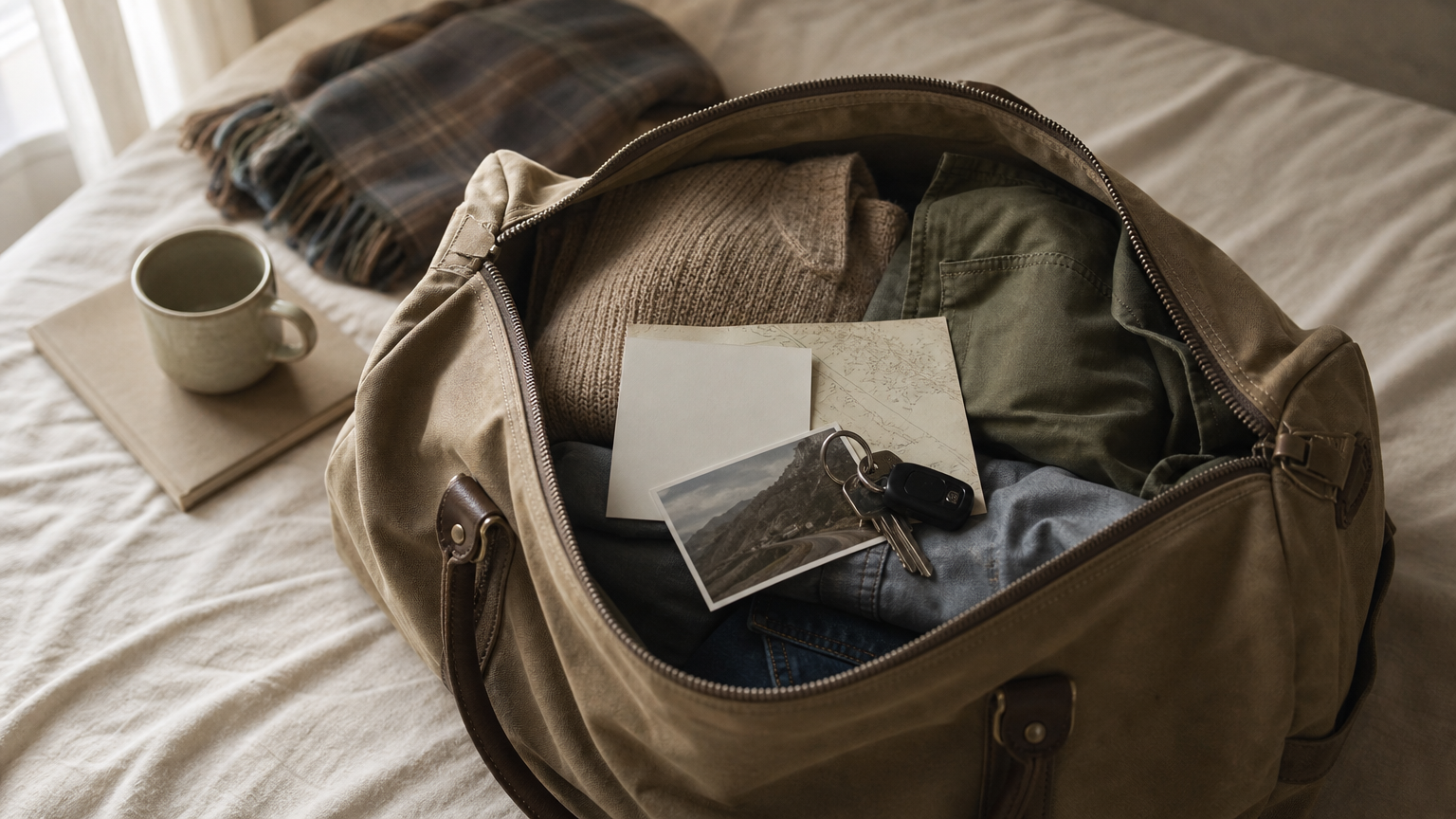 Sac de voyage ouvert avec une carte, une photo imprimée et des clés de voiture.