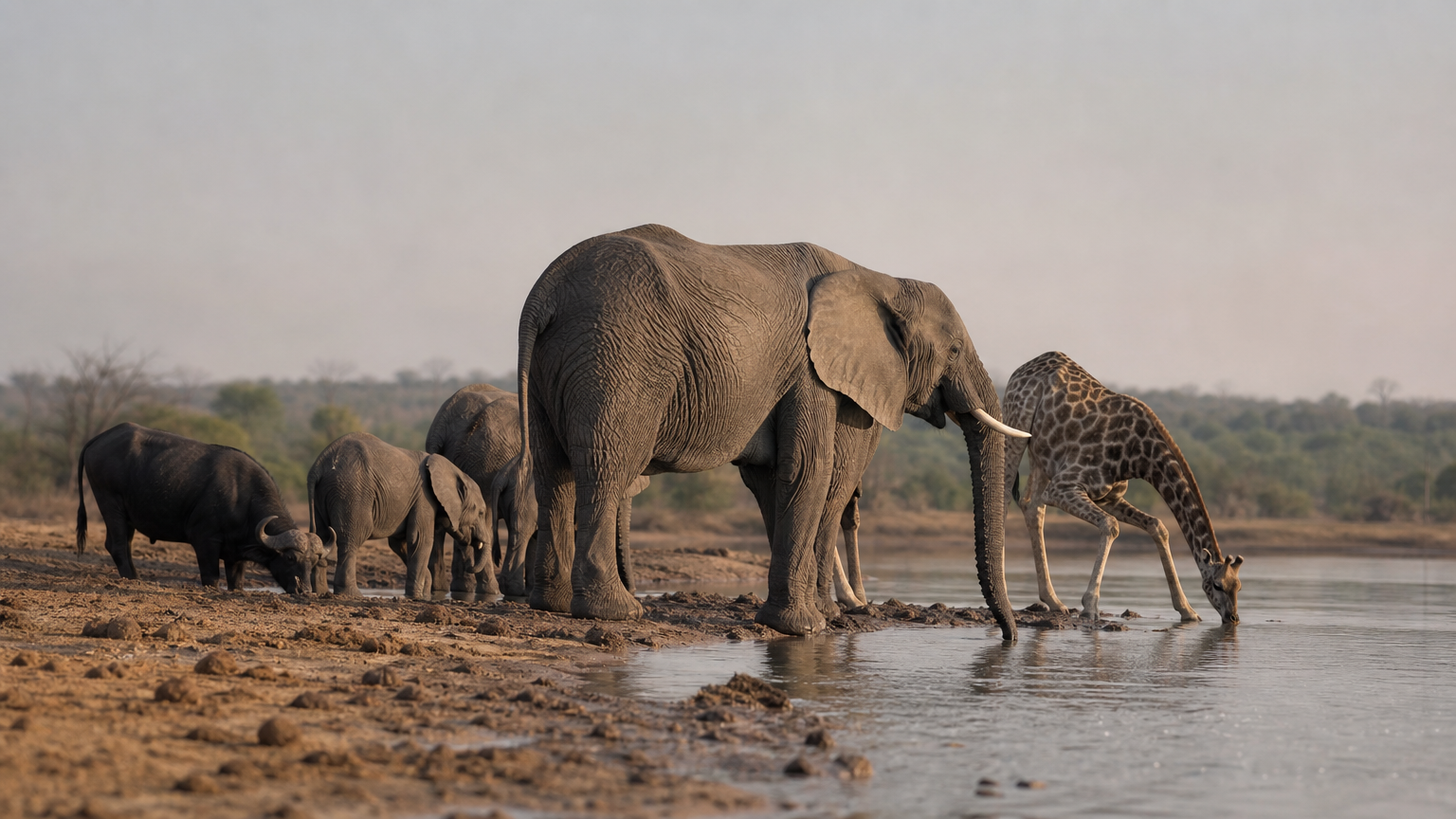 Elephants, buffalo, and a giraffe drinking together at the edge of a wide river.