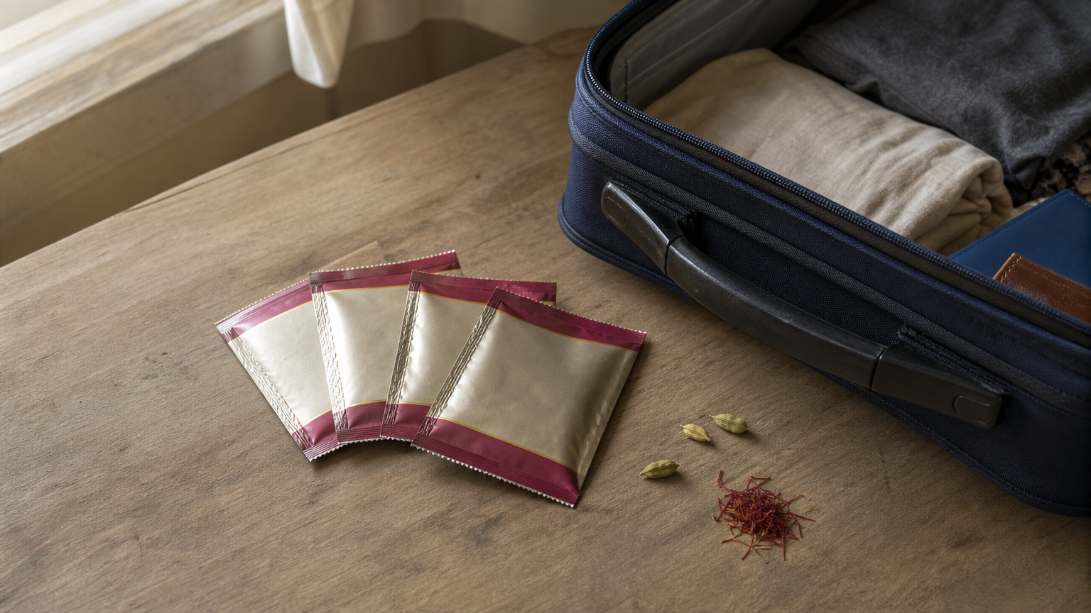 Four sealed sachets fanned out next to an open cabin bag with cardamom pods and saffron strands.