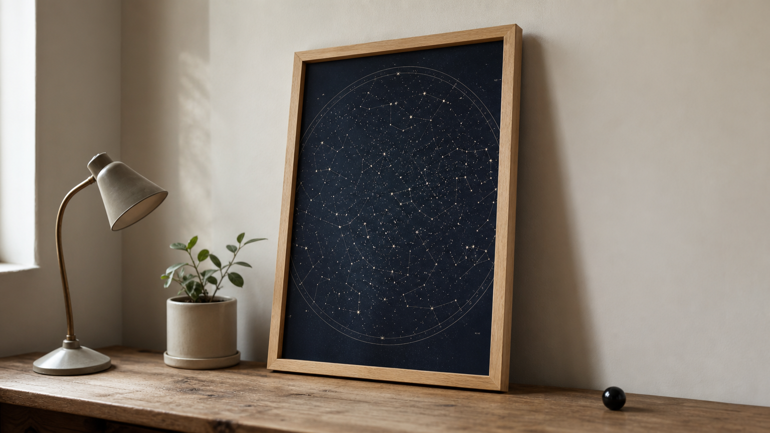 Carte du ciel encadrée en bois clair posée sur un bureau avec une lampe.