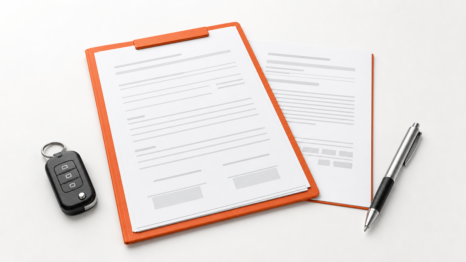 Vehicle title and release form on a desk with a car key and pen.