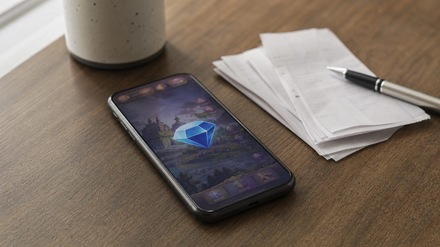 A phone showing a diamond balance beside a stack of order receipts and a pen.