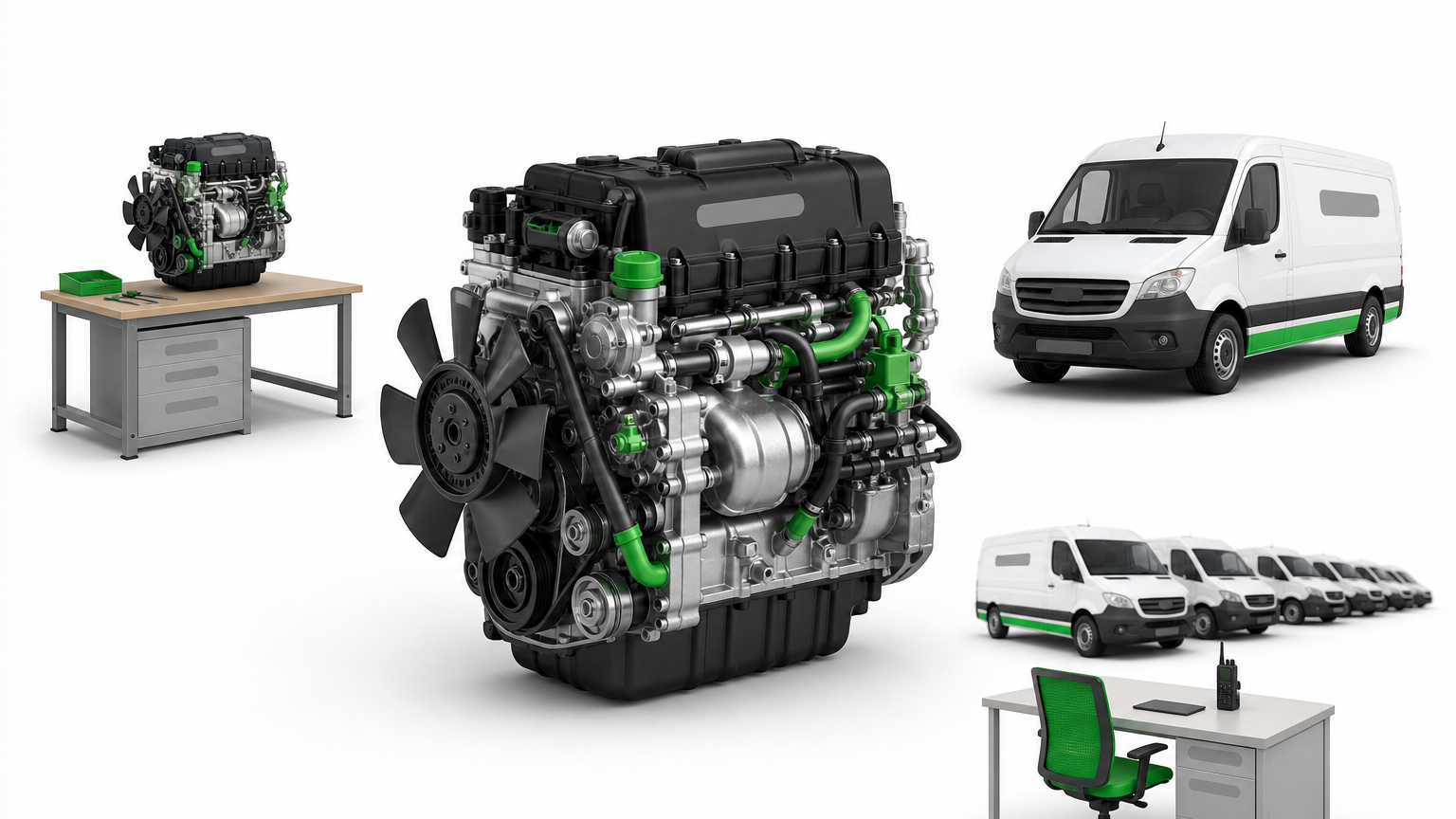 An engine, a van built around it, and a fleet of vans with a dispatcher desk.