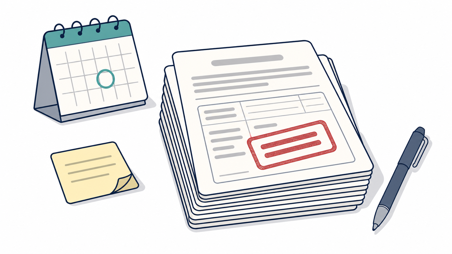 Desk with a stack of claim forms, one stamped denied, next to a calendar with a circled date.