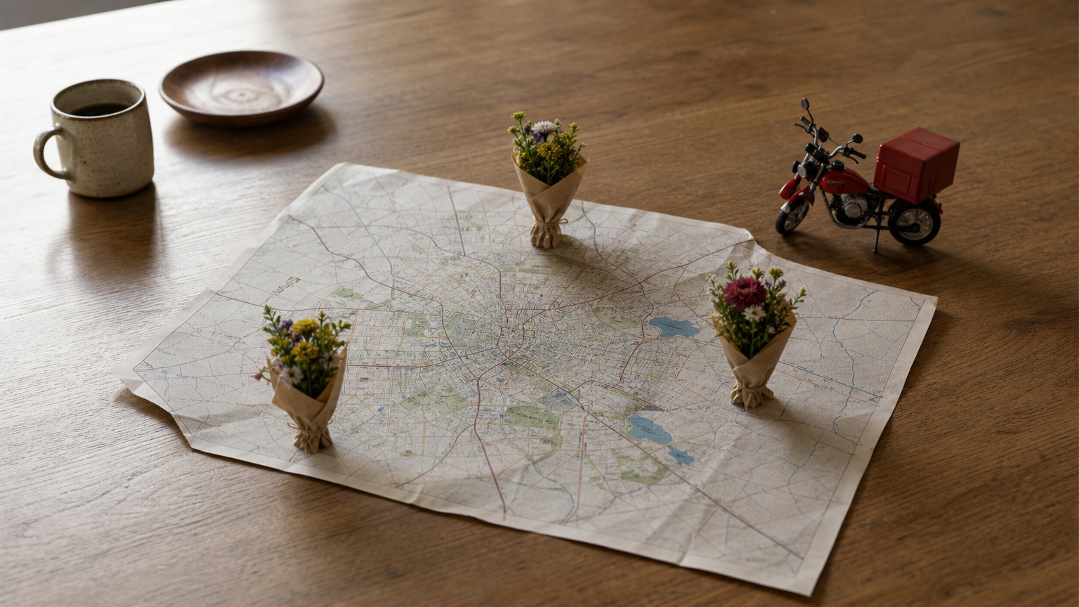 Flower Delivery 24 Hours Paper map of Nairobi with small bouquets placed on different zones and a toy courier motorbike beside it.