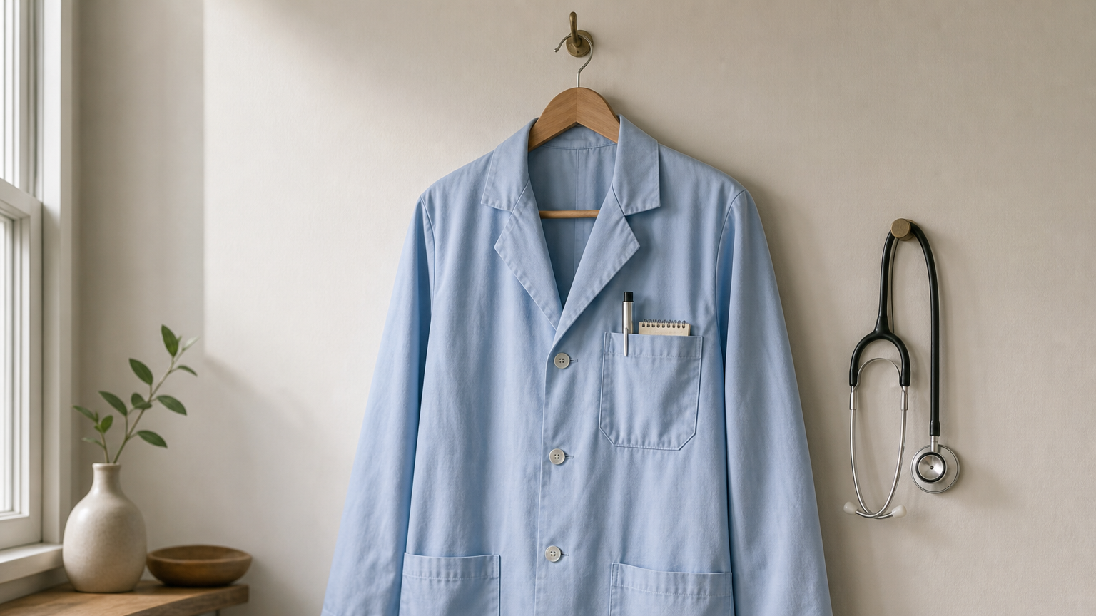A light blue lab coat on a hanger with a penlight, notepad, and stethoscope nearby.