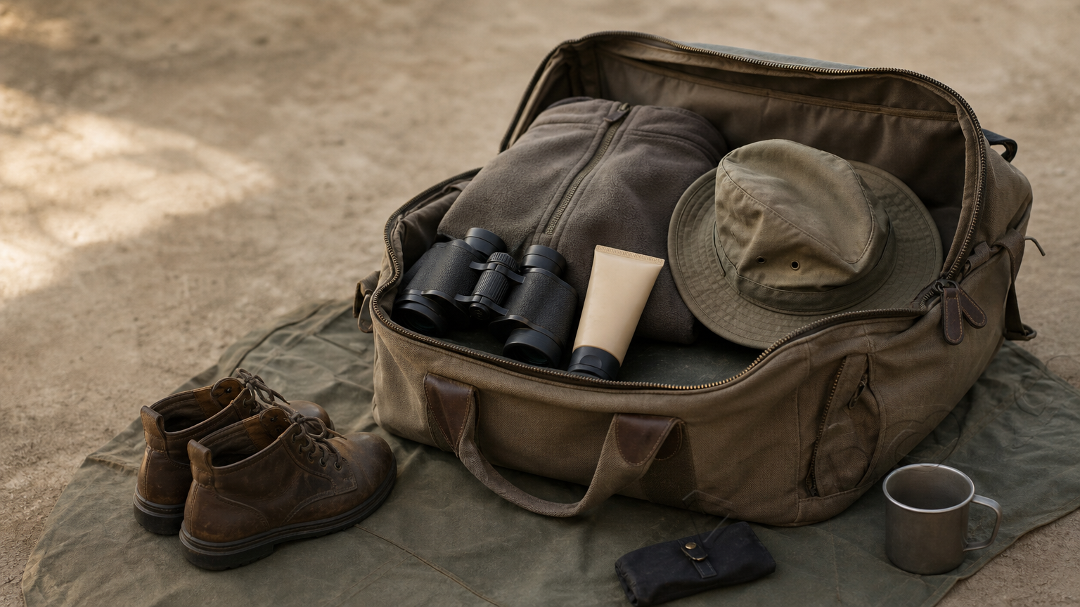 Open bag with fleece, wide-brim hat, binoculars, sunscreen, and closed boots laid out beside it.