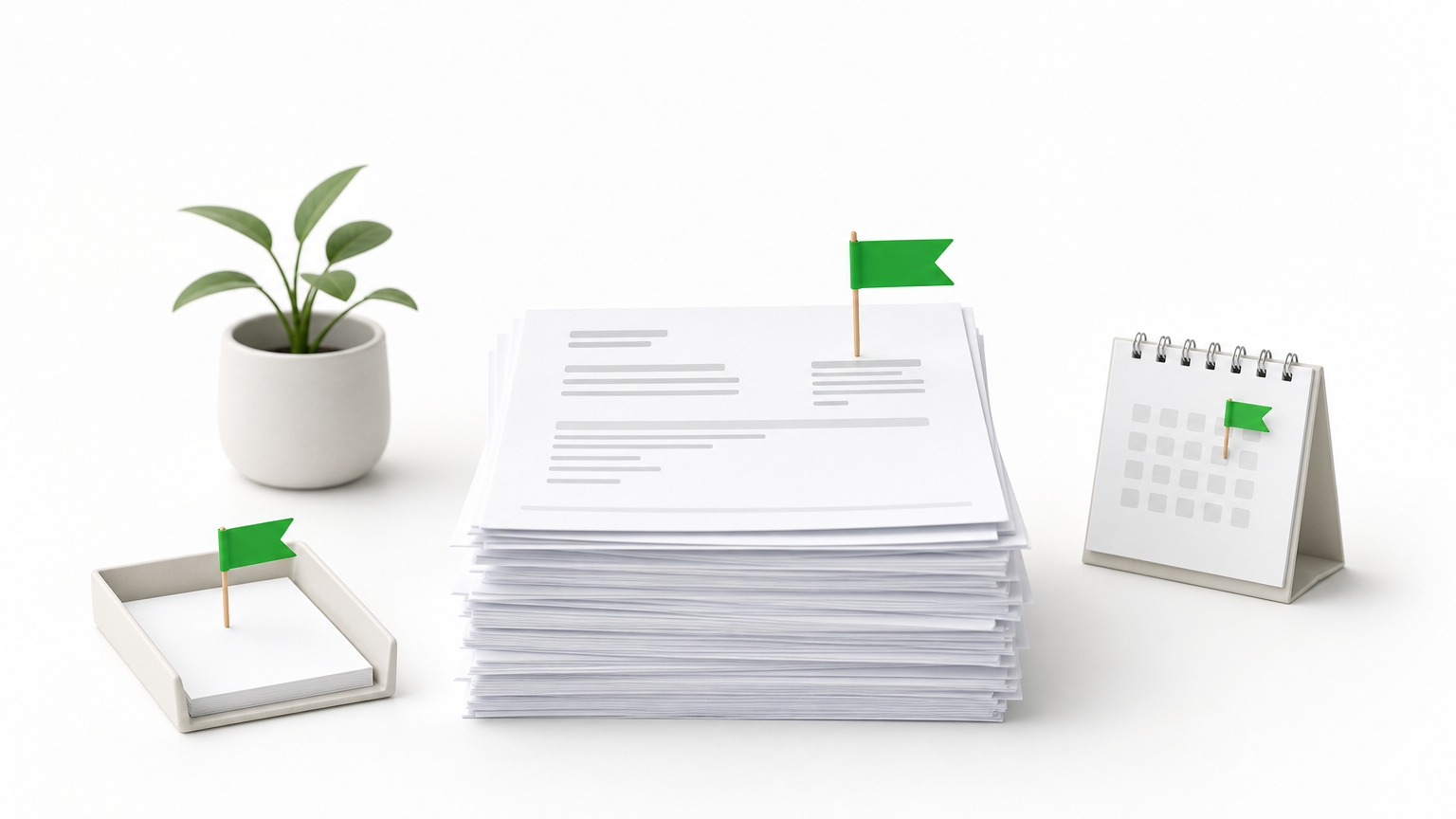 A desk with invoices, a ticket tray, and a calendar, each marked with a small flag.
