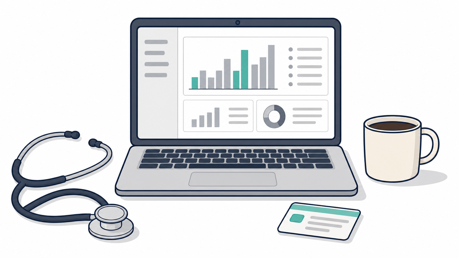 Medical office desk with a laptop showing charts, a stethoscope, an insurance card, and a mug.