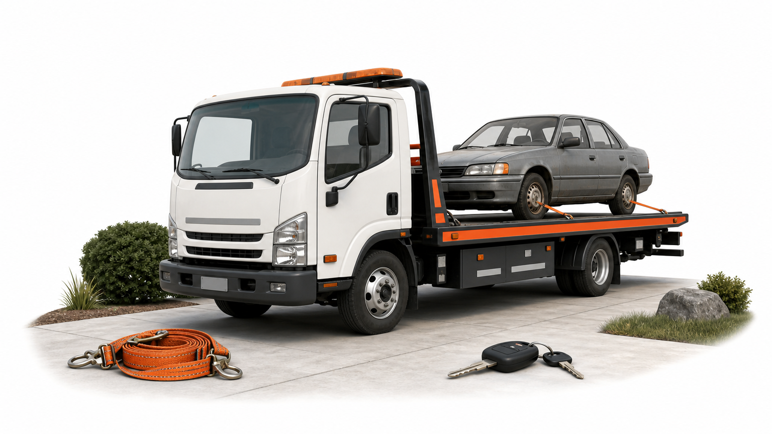 Flatbed tow truck carrying an older sedan that no longer runs.