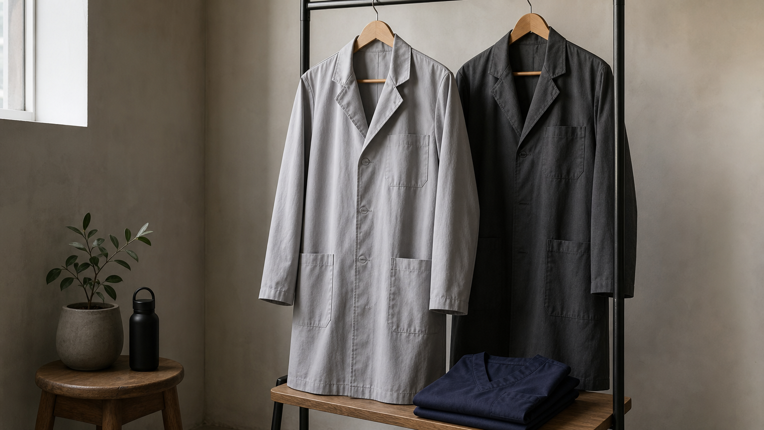 Light gray and charcoal lab coats hanging side by side above a folded scrub top.