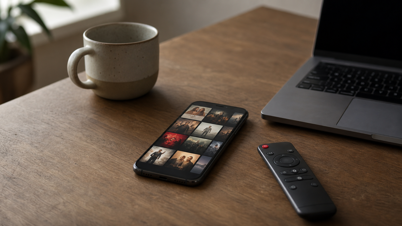 Smartphone, laptop and TV remote arranged on a table with a mug nearby.