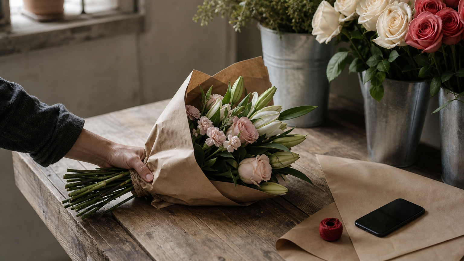 Flower Delivery 24 Hours Florist counter with buckets of roses and lilies, a wrapped bunch held in hand, and a phone nearby.
