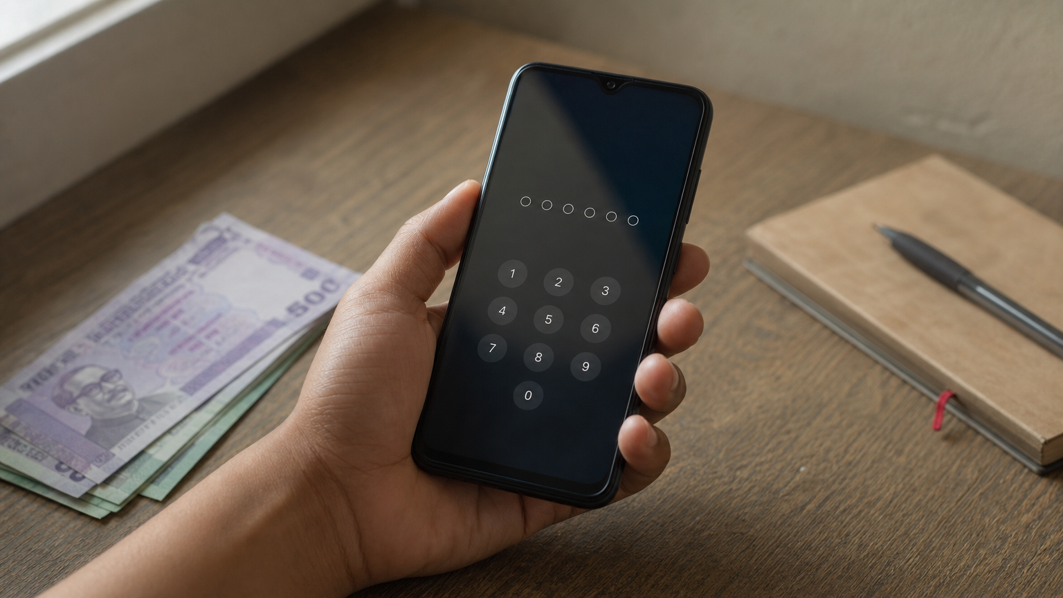 A hand holds a phone with a PIN keypad next to Taka banknotes.