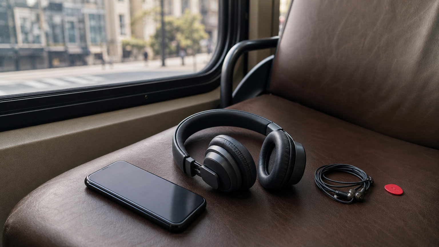 Headphones and a smartphone rest on a bus seat beside a coiled cable.