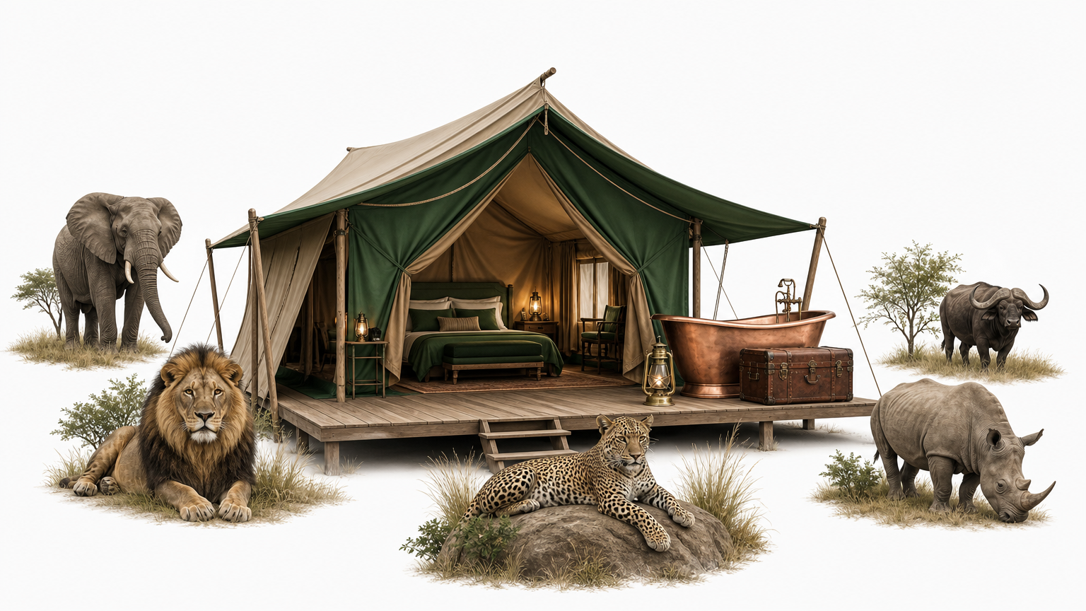 A canvas safari tent with a copper bathtub, vintage trunk and brass lantern on a grassy plain.