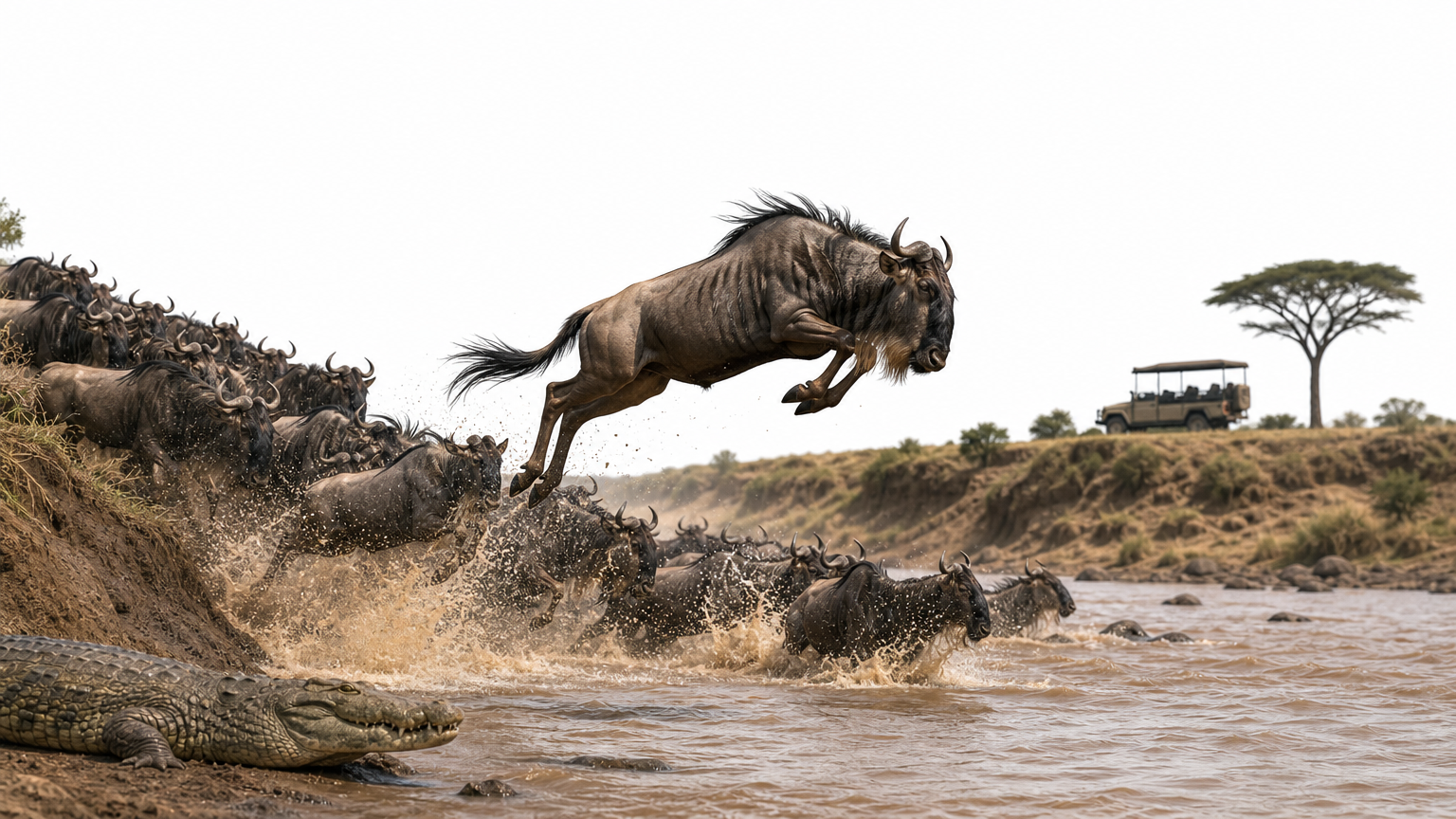 Wildebeest crossing a river as a crocodile watches from the bank and a safari vehicle waits above.