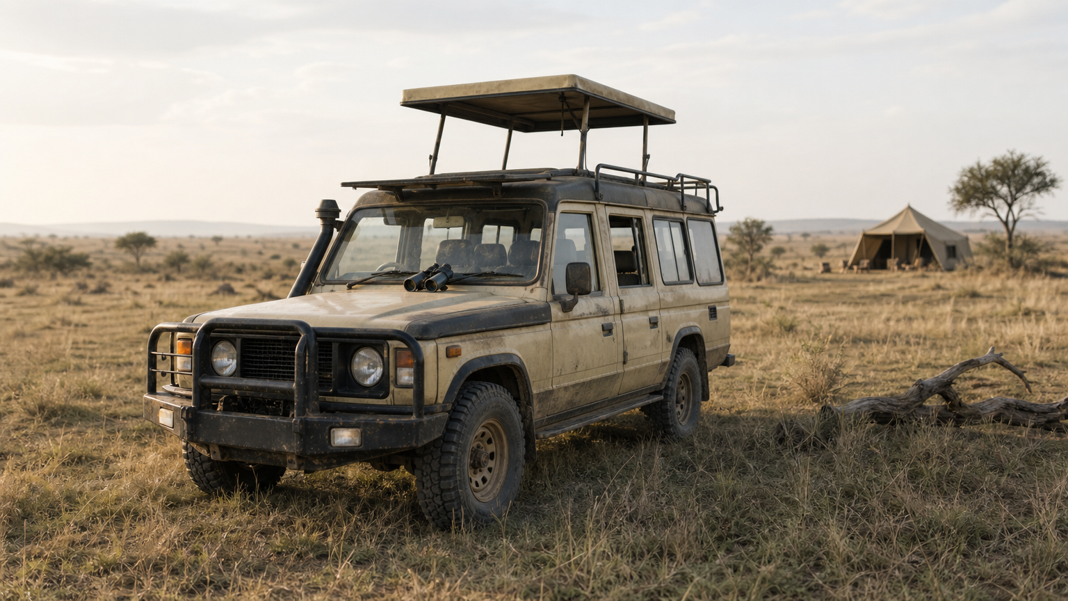 A 4x4 safari vehicle with an open pop-up roof parked on grassland near a distant tented camp.