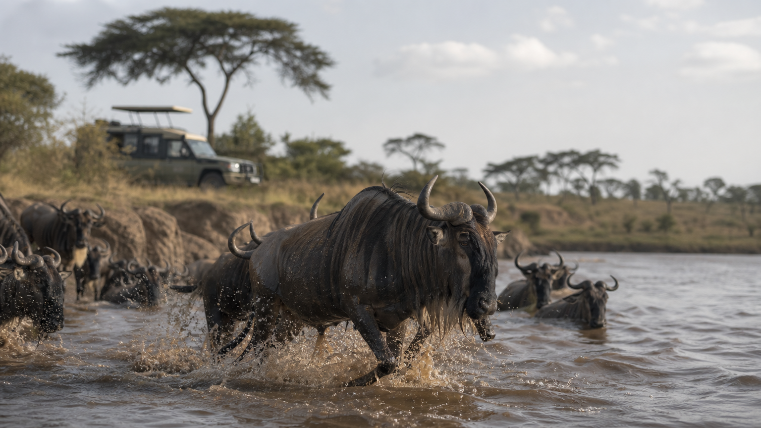 Wildebeest crossing a river while a safari vehicle watches from the bank beneath acacia trees.