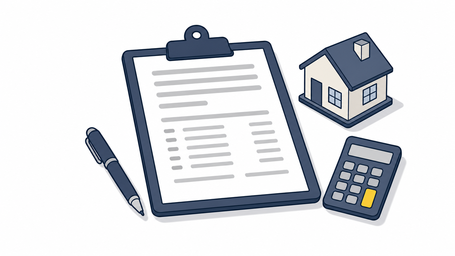 Clipboard with a written estimate, pen, calculator, and small house model on a kitchen table.