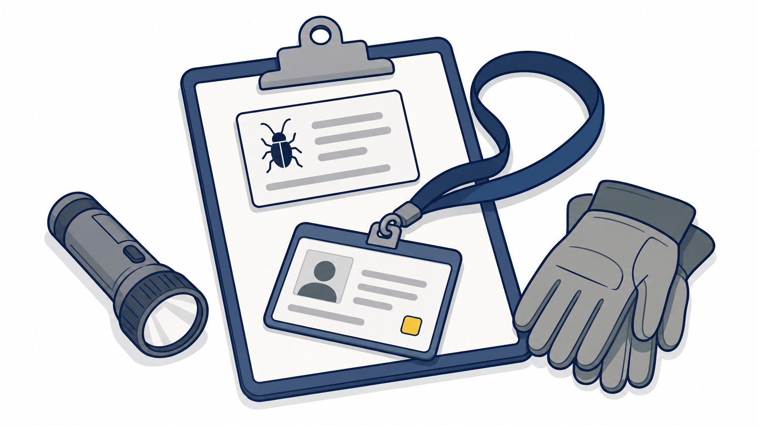 Technician license card and badge on a clipboard next to a flashlight and gloves.