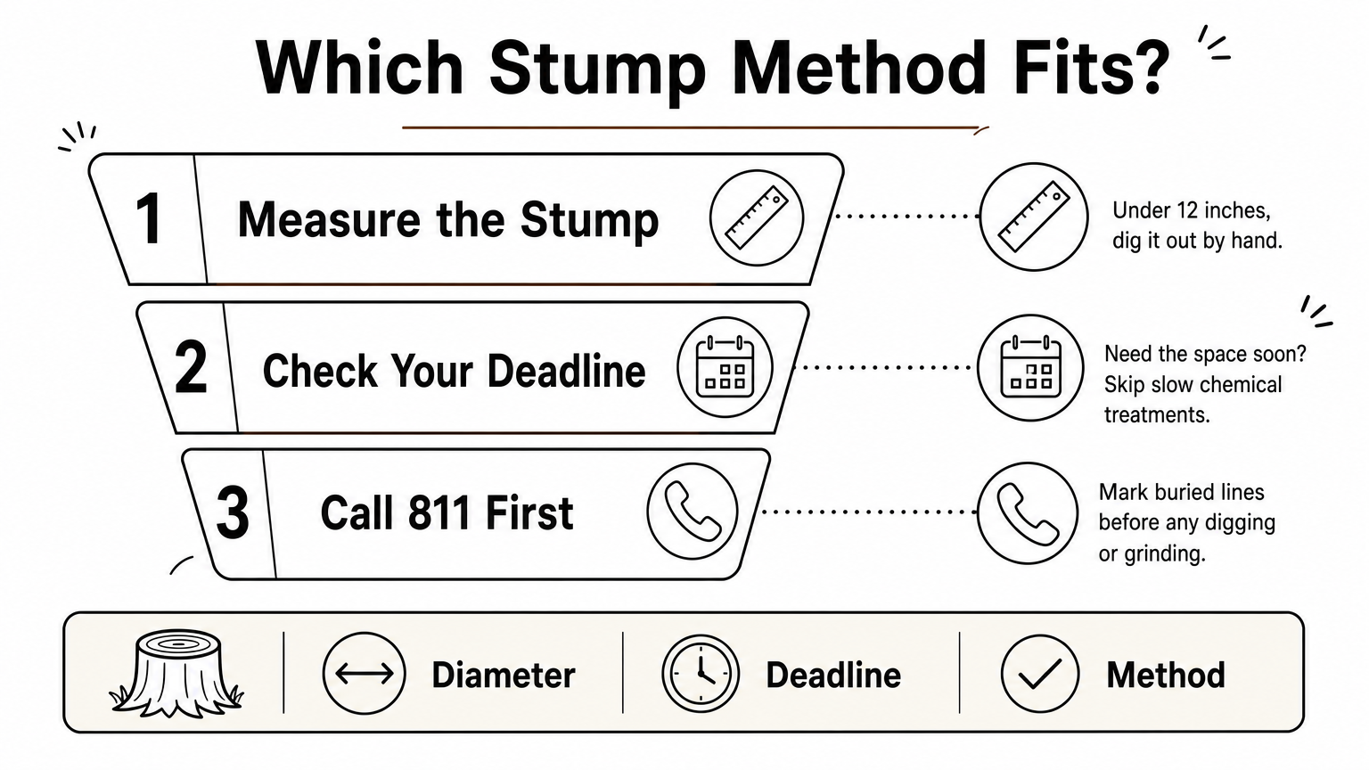 Funnel infographic showing three questions that narrow the choice of stump removal method.