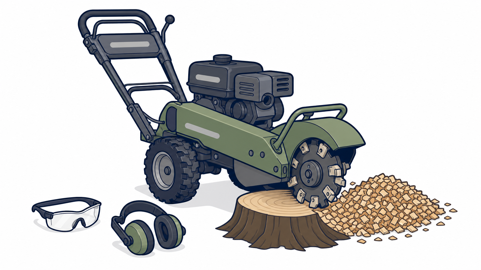 Walk-behind stump grinder cutting a stump with a pile of wood chips and safety gear nearby.