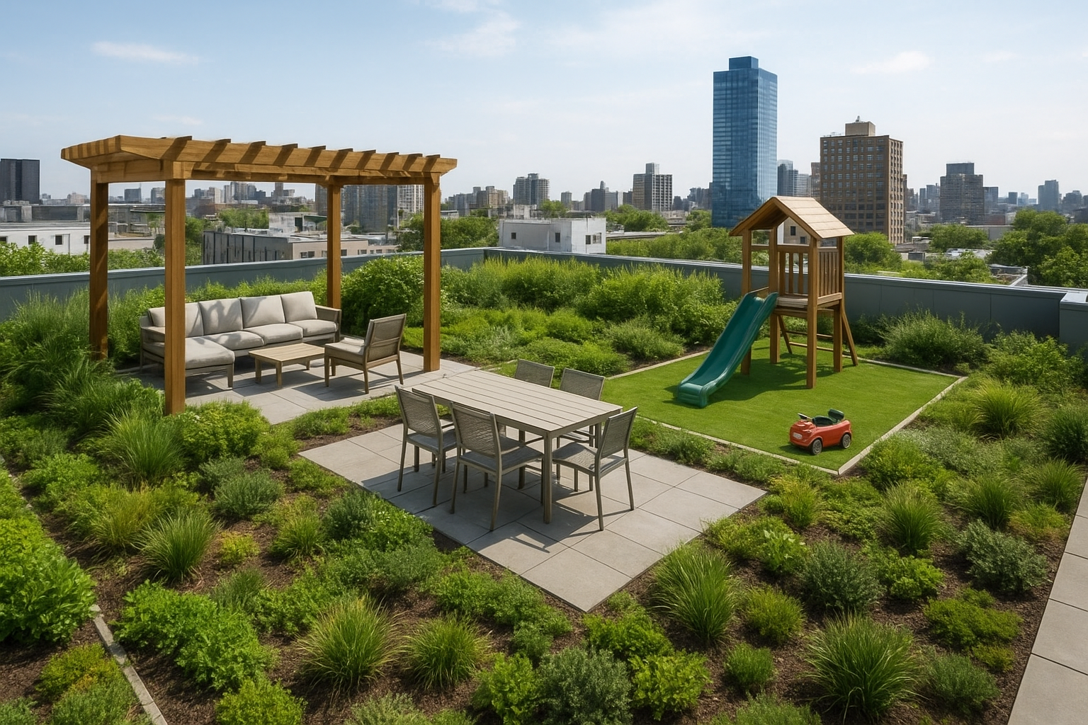Turning roofs into gardens, lounges, and play areas